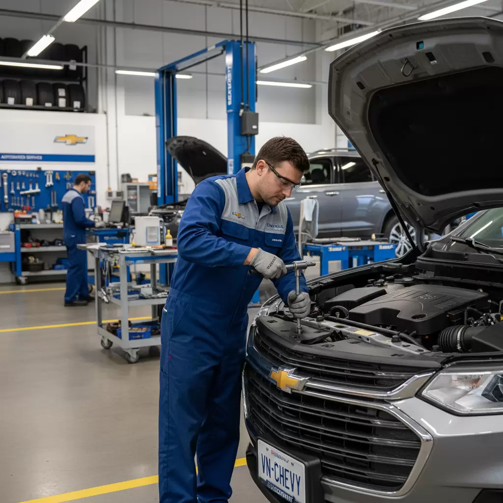 gemini_image_1767101670 Kỹ thuật viên chuyên nghiệp tại xưởng dịch vụ Chevrolet đang kiểm tra động cơ xe