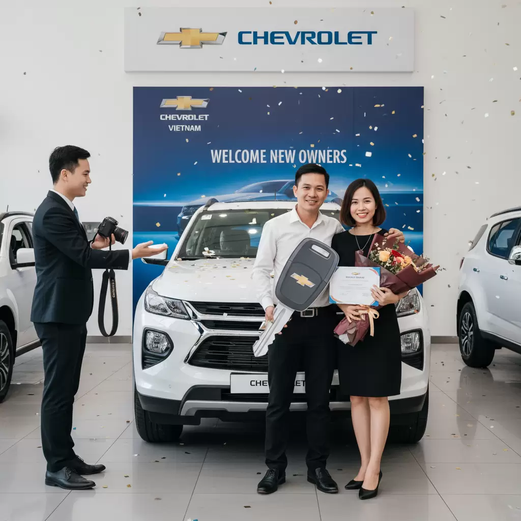 Khách hàng hài lòng khi nhận bàn giao xe Chevrolet mới cùng các ưu đãi hấp dẫn