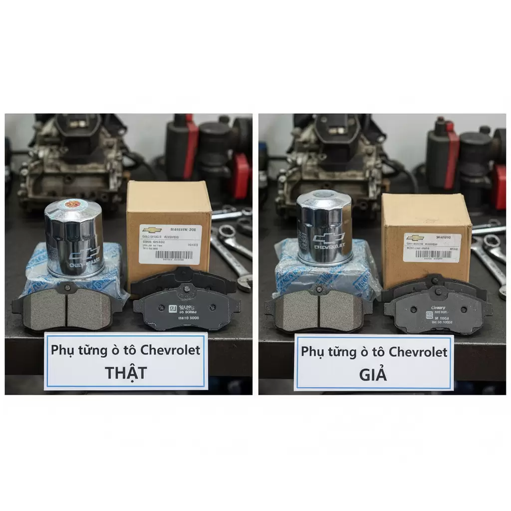 Phụ tùng chính hãng trái có độ hoàn thiện cao logo dập nổi sắc nét khác biệt rõ rệt so với hàng giả phải