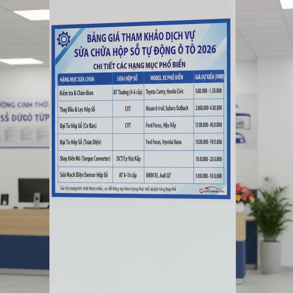 Bảng giá dịch vụ sửa chữa hộp số tự động Chevrolet 2026 phụ thuộc vào mức độ hư hỏng và loại phụ tùng sử dụng