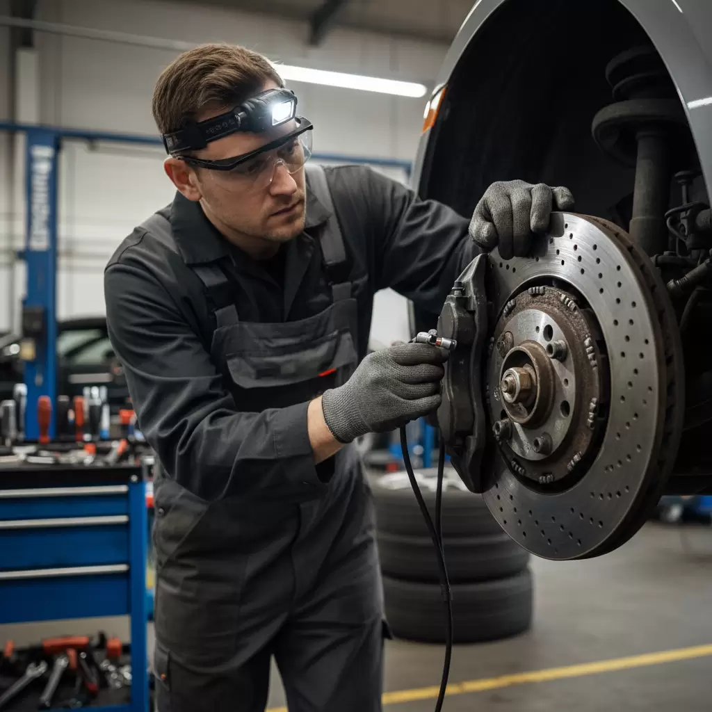 Kiểm tra độ mòn của má phanh và độ cong vênh của đĩa phanh là bước quan trọng để loại bỏ tiếng ồn